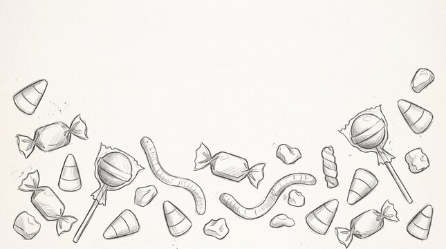 Pencil Sketch of Assorted Halloween Candies and Gummy Worms Scattered on a Textured Background