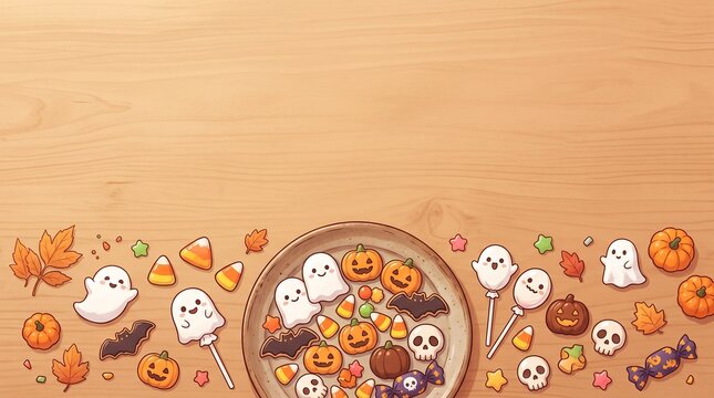 Halloween treats and autumn leaves arranged on a wooden surface with copy space above
