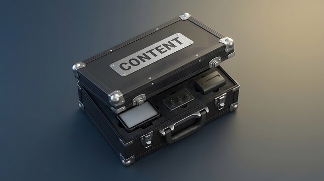 Content creation kit, professional equipment and briefcase for digital marketing, media production and strategy. Social media manager, toolkit and hardware for blog, video and online influence gear.