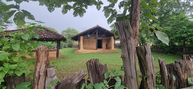 Traditional Rural Indian Village Mud Huts with Thatched Straw Roofs