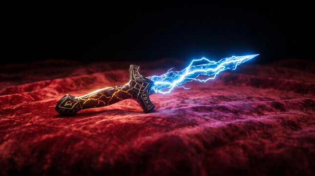 Fantasy dagger with electric aura on red velvet background  