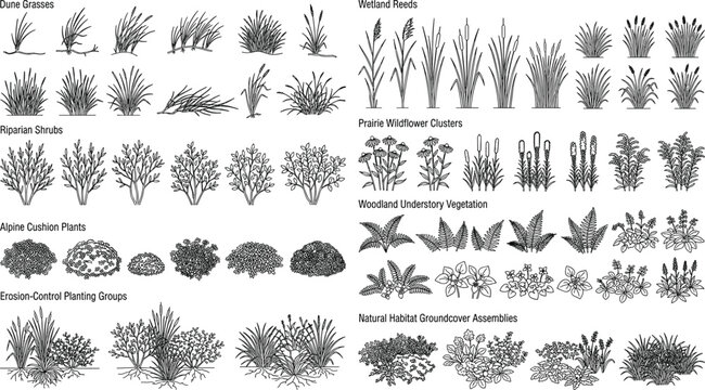 Set of black and white line art vector icons featuring diverse native plant species and habitats