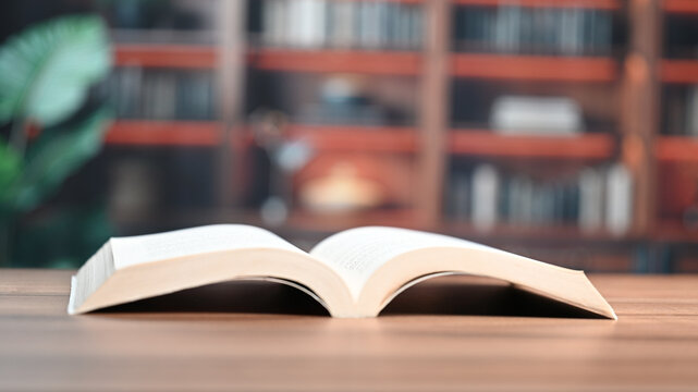 Open vintage book rests near library bookcase bookshelf background, dark wooden library interior retail store setting. Nobody reads library text. Academic education, school