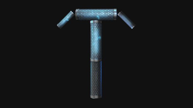 A drag and drop overlay letter that is made up from animated metallic tubes that pulsate and rotate.
