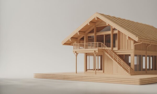 3D model of a light beige wooden chalet.  A minimalist, digitally rendered,  wooden house,  featuring a pitched roof,  porch, and stairs.  Simple, clean lines.  Front facade