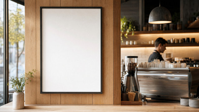 Blank framed portrait poster mockup on oak paneling behind a coffee bar