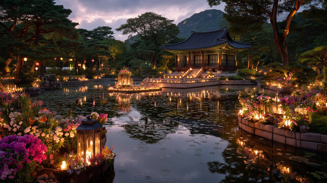 Elegant Korean palace garden decorated with lanterns and floral arrangements, peaceful evening atmosphere, premium architectural photography, empty scene, ultra realistic, no people