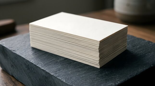 Clean stack of white business cards on black slate stone background for branding mockup.