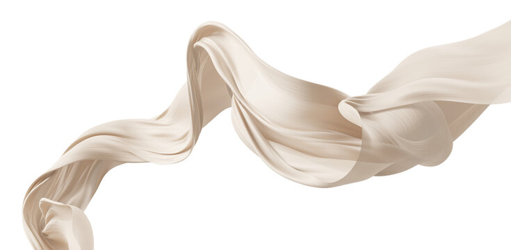 Luxury beige sheer chiffon fabric flowing isolated on transparent background with copy space 3D render
