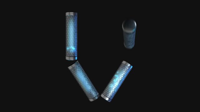 A drag and drop overlay letter that is made up from animated metallic tubes that pulsate and rotate.
