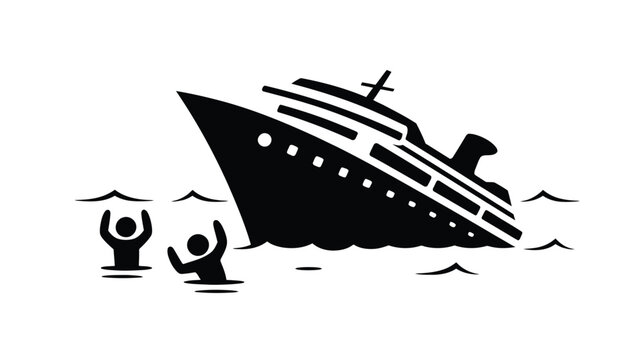 Black solid vector icon illustration of a sinking cruise ship in the ocean with drowning people for emergency concepts.