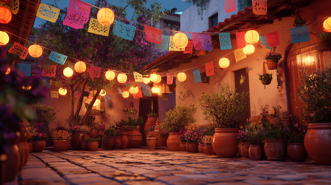 Elegant Mexican courtyard decorated for Independence Day, hanging lanterns, papel picado banners, clay pots with flowers, festive atmosphere, cinematic lighting, ultra realistic, no people, 8k