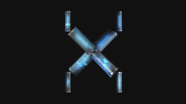 A drag and drop overlay letter that is made up from animated metallic tubes that pulsate and rotate.
