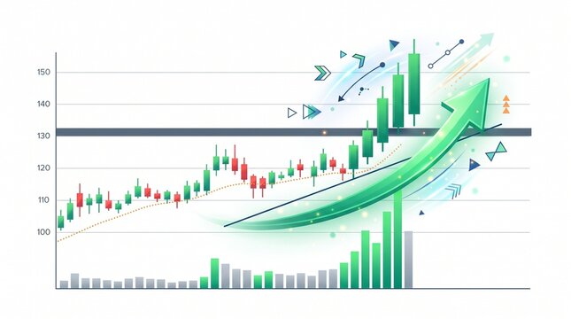 Modern stock market breakout vector illustration featuring an ascending candlestick chart breaking through resistance levels, rising trend lines, increasing volume, and dynamic financial analysis elem