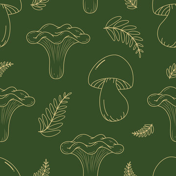 Seamless mushroom pattern with hand drawn woodland fungi and botanical elements, decorative nature background for fabric, textile, wallpaper and wrapping paper.