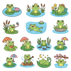 Fototapeta premium Cartoon Frogs in Whimsical Outdoor Scenes.