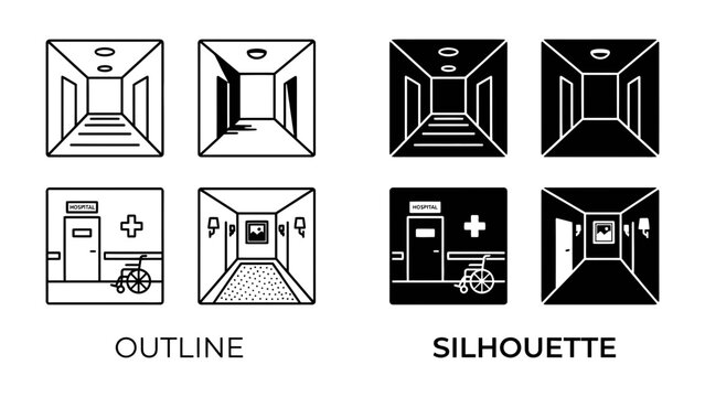 Medical Hallway Icons: A set of graphic icons representing a medical hallway in both outline and silhouette styles, featuring a stretcher and a medical cross.