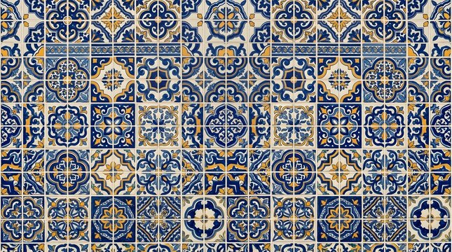 Portuguese ceramic tile pattern in blue and yellow brings traditional mediterranean style.