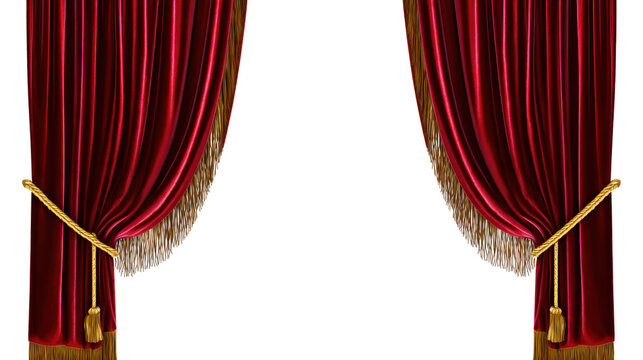 Symmetrical red velvet curtains with gold tassels framing a white background stage backdrop
