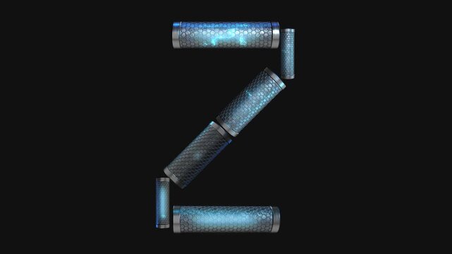 A drag and drop overlay letter that is made up from animated metallic tubes that pulsate and rotate.
