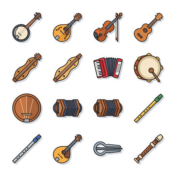 Colorful Illustration of Various Musical Instruments Set.