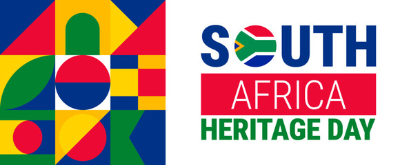 Fototapeta premium South Africa Heritage Day Celebration Banner Design with Colorful Geometric Pattern Grid, Traditional African Mosaic Motifs, and Flag Emblem Typography Layout