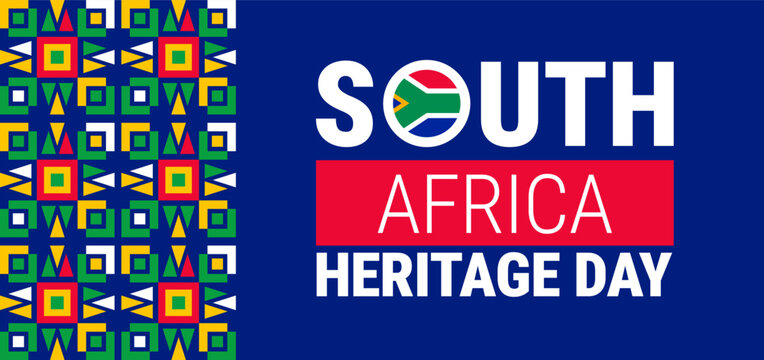 South Africa Heritage Day Celebration Banner Design with Traditional Geometric Pattern Side Border, Flag Emblem Typography, and Dark Blue Background Template