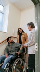 Naklejka premium South Asian man in a wheelchair talking with two women in a muted green stairwell refuge area, featuring soft window light and copy space for inclusive evacuation guides