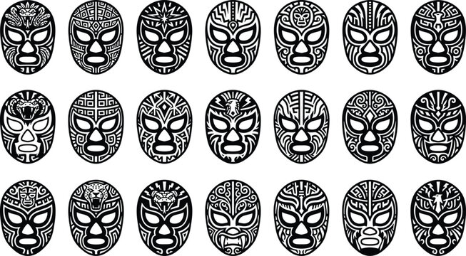 Set of black wrestling masks with intricate tribal patterns and lucha libre designs