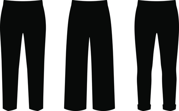 Set of black silhouette vector icons featuring various styles of women's pants and trousers
