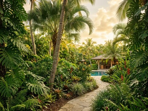 Stone path through a lush tropical garden with palm trees and a swimming pool