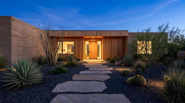 Modern luxury arizona front yard featuring a sustainable rammed earth house with desert landscaping, custom flagstone path, and warm architectural lighting.