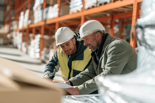 Two warehouse workers in hard hats and high visibility jackets checking a cardboard box for logistics and inventory management