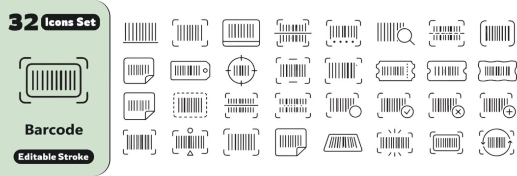 32 Barcode Vector Outline Icons Set &ndash; Barcode Scanner, Product Code, Retail, Shopping and Identification Line Symbols Collection