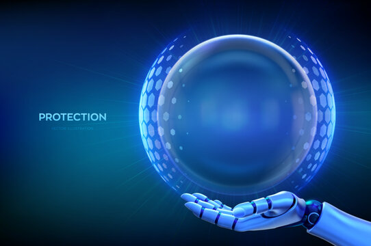Transparent protection sphere shield in robotic hand. Energy shield with hexagon pattern on blue background. Cybersecurity, data protection, digital security and safety concept. Vector illustration.