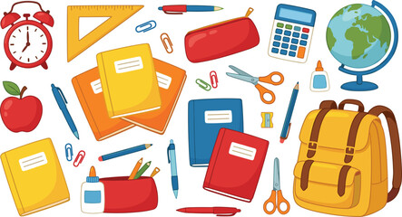 Fototapeta premium Back to School Stationery and Supplies Vector Element Set Featuring Backpack Notebooks Calculator Alarm Clock Scissors and Stationery for Educational Designs