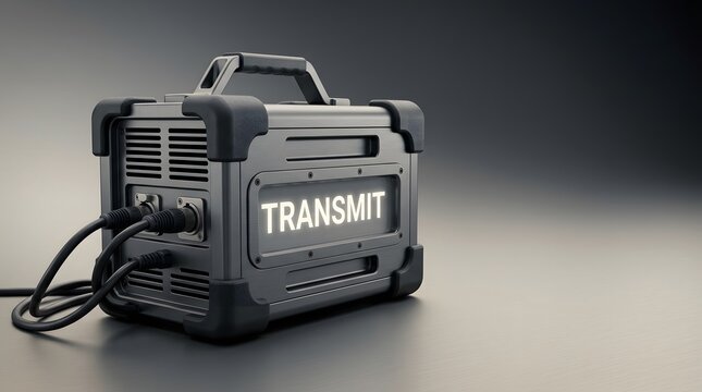 Transmitter, unit and power station on ground for communication, signal broadcast and field data. Portable battery, generator and energy device in studio with rugged hardware, tech and supply system.