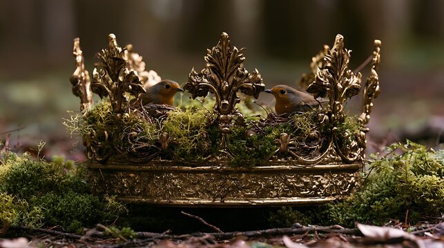 345. A conceptual metaphor for Ego Death. A grand gold crown sitting forgotten on the forest floor, now completely hollowed out and serving as a beautiful nest for wild robin birds and fresh 