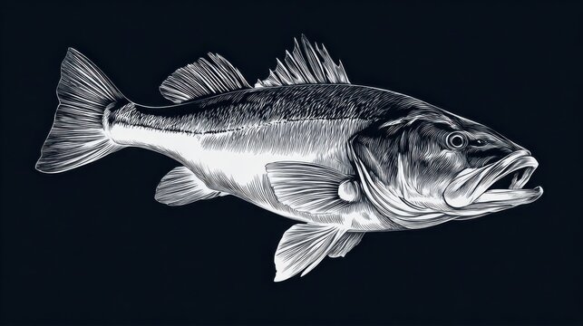 Detailed Illustration of a Bass Fish on Dark Background