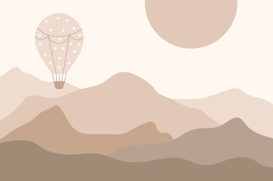 Hand drawn design of kids mountains. For children's wallpapers. Mountains, clouds, air balloon. Vector illustrations