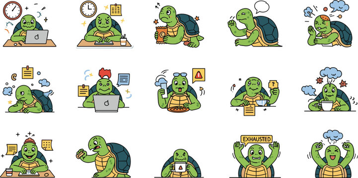 Cute cartoon turtle character vector set depicting workplace stress burnout working on laptop office emotions and exhausted expressions