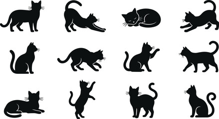 Fototapeta premium Black Cat Silhouette Icon Set with Various Poses and Actions for Halloween Designs, Logos, Icons, and Creative Projects