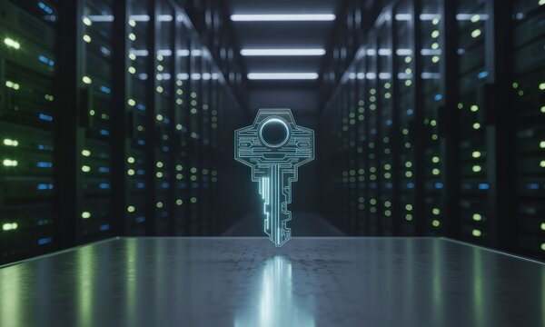 A glowing key icon in a server room