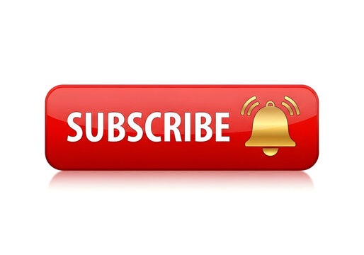 Red subscribe button with bell notification icon isolated on white background