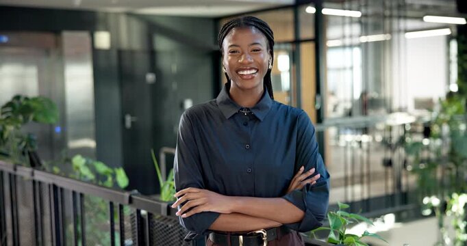 Sustainable, face or black woman in office with arms crossed, esg advisor or pride in eco startup. Happy, portrait or csr expert with confidence, environmental services or about us in green business.