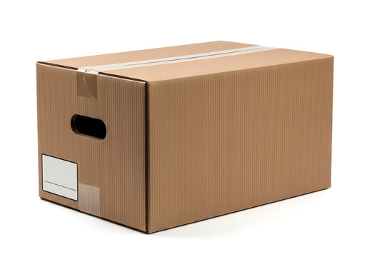 Brown cardboard storage box with handle isolated on white background