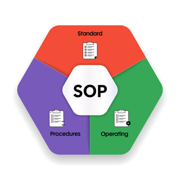 SOP (Standard Operating Procedures) Infographic Template. Circular diagram with 3 steps and line icons for business process documentation, work guidelines, and quality control presentation. Vector.