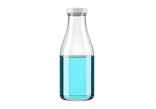 Clear glass bottle filled with blue liquid isolated on white background