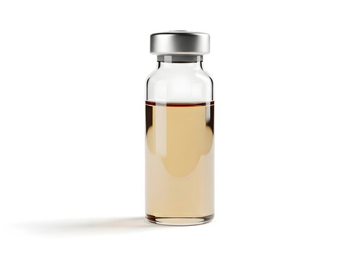 Clear glass vial with amber liquid and metal cap isolated on white background