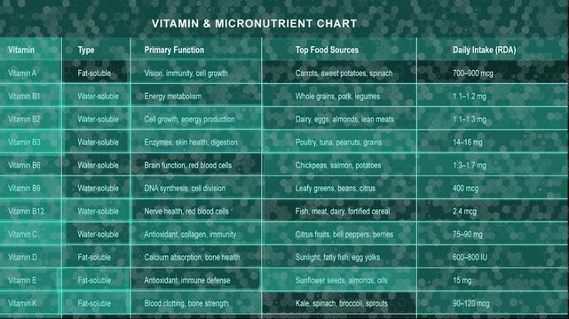 Futuristic Digital Vitamin And Micronutrient Chart Screen Displaying Essential Nutrient Types Primary Functions Food Sources And Daily RDA On A Glowing Cyan Hexagonal HUD Interface With Subtle